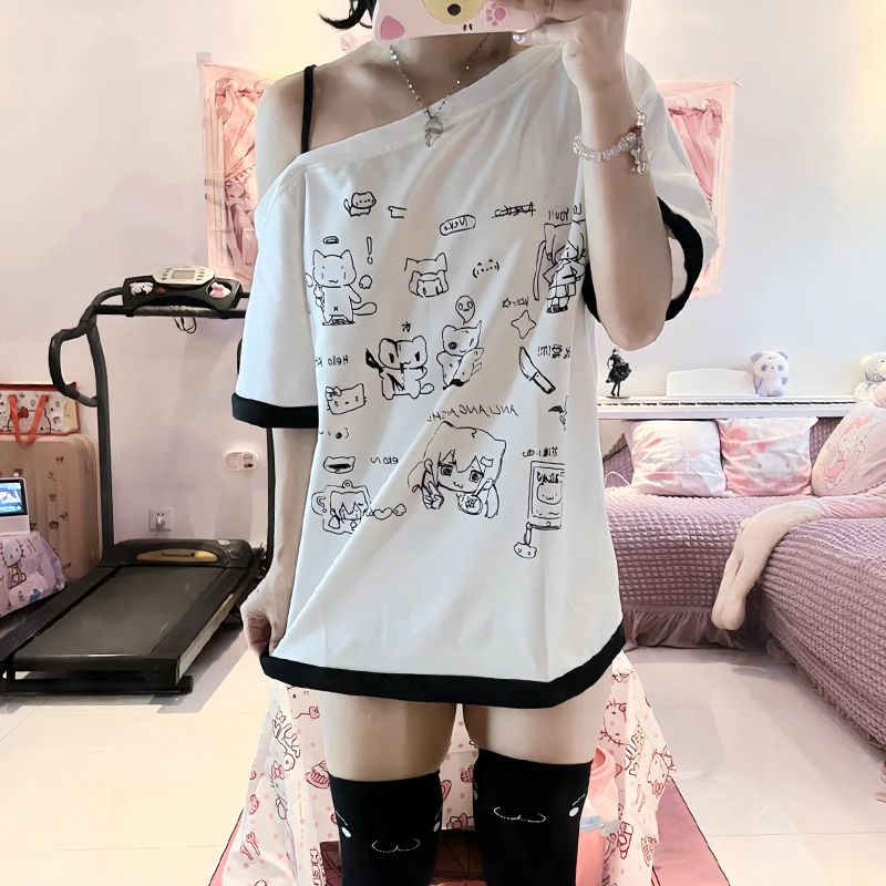 Blouse Off Shoulder - Японская субкультура Y2k, милая футболка с