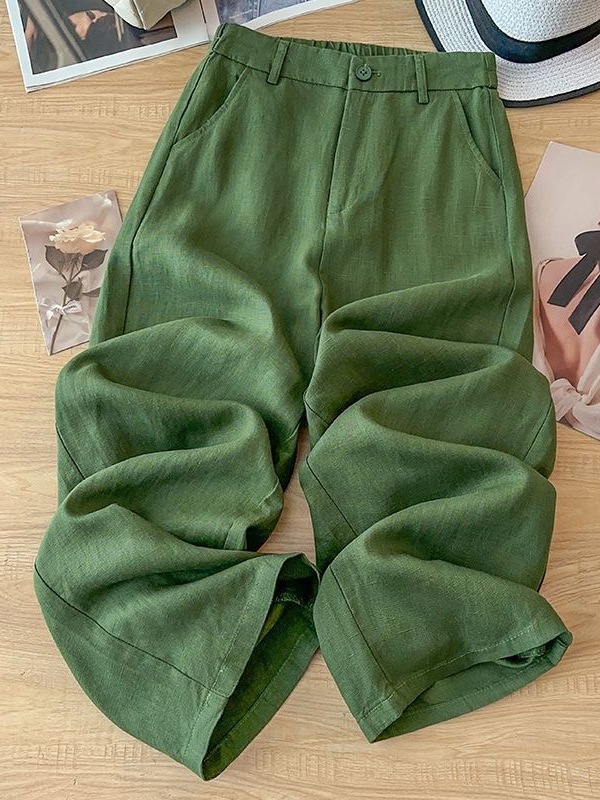 Linen Pant Wide - Летние зеленые льняные брюки прямого кроя,